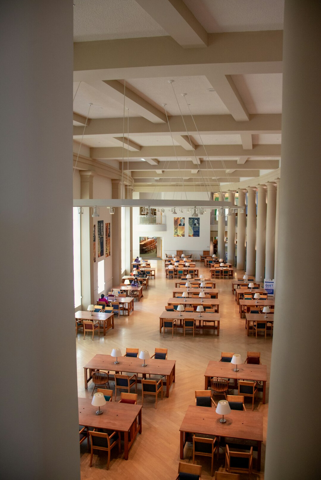 Library with symmetrical bookshelves and reading desks
