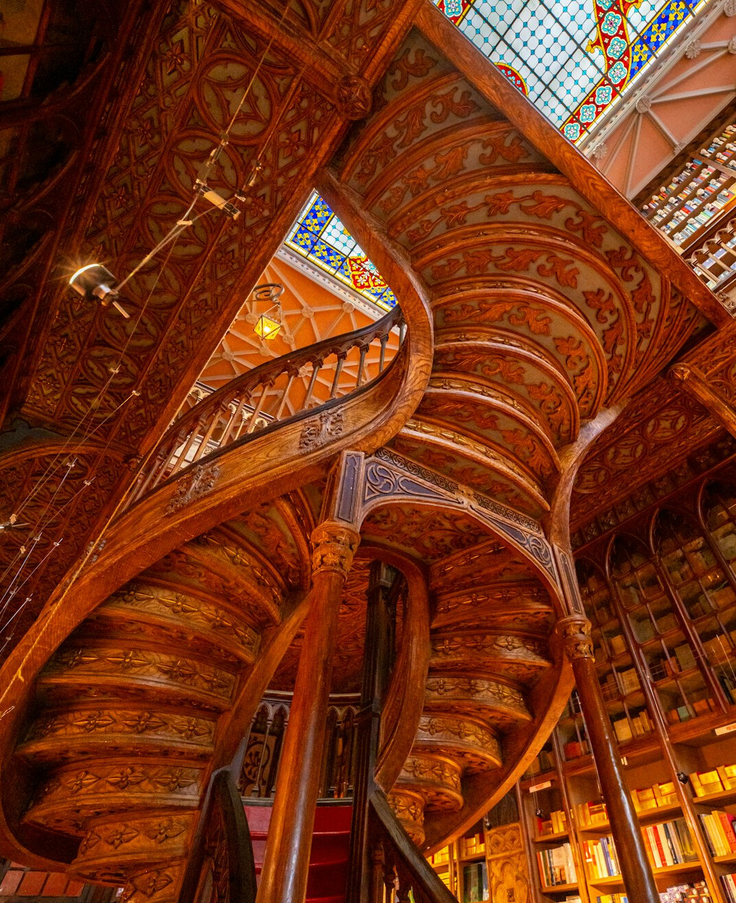 Historic library interior with wooden shelves and ladder