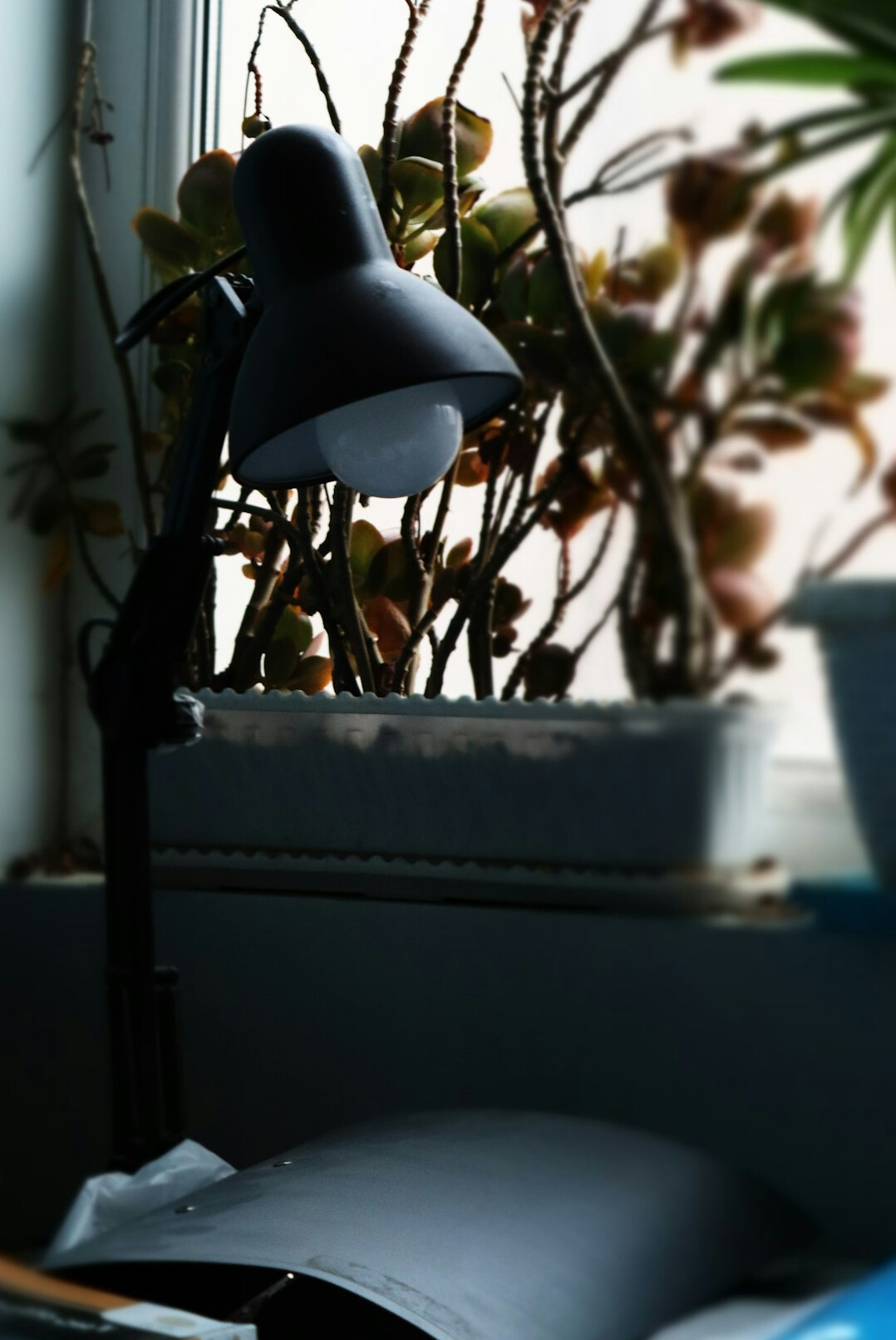 Desk with a lamp, papers and old books in a study